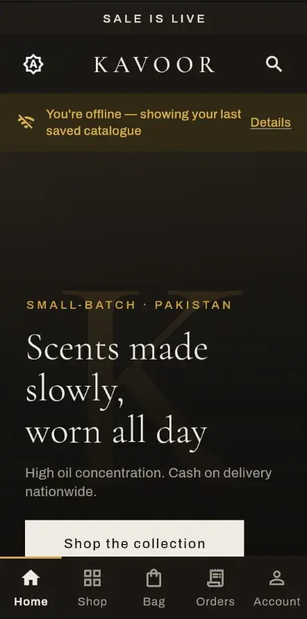 Kavoor app home: Scents made slowly, worn all day