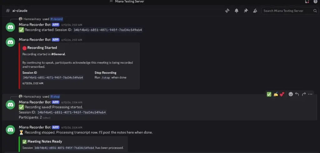 The bot announcing a recording and posting meeting notes in Discord