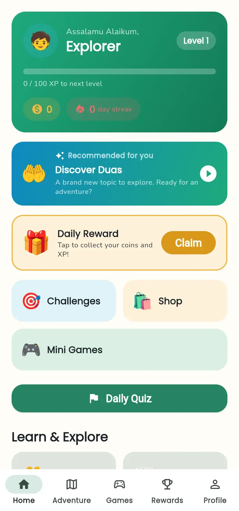 NoorQuest home with XP, daily reward and mini games
