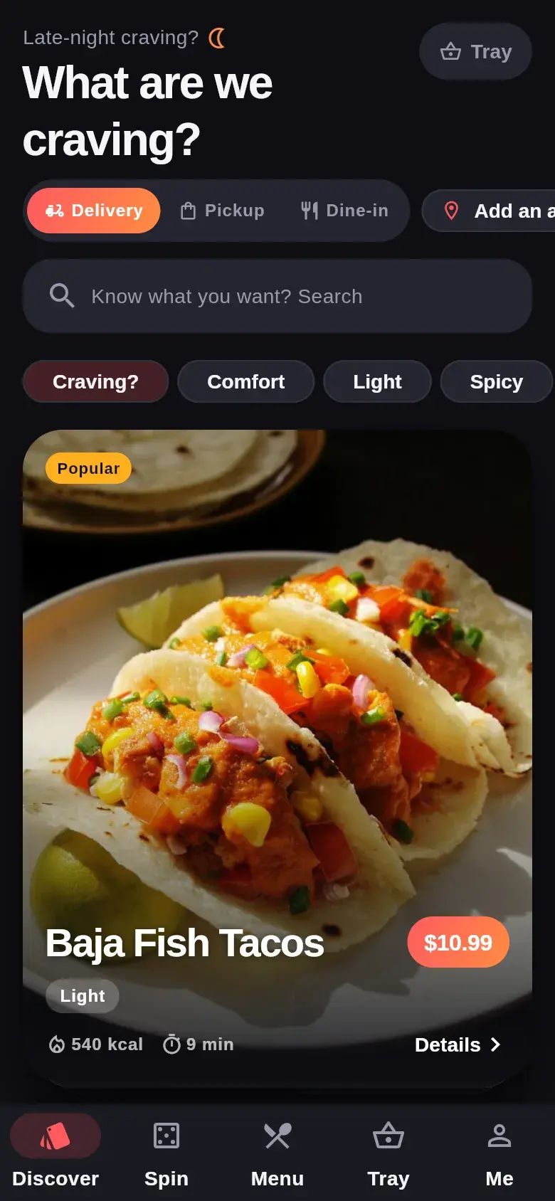 Crave app Discover screen: a swipe deck of dishes ranked by taste profile